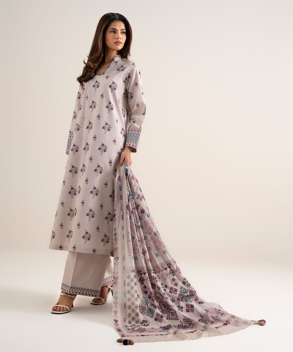 Women's Unstitched Lawn Printed Light Grey 3 Piece Suit
