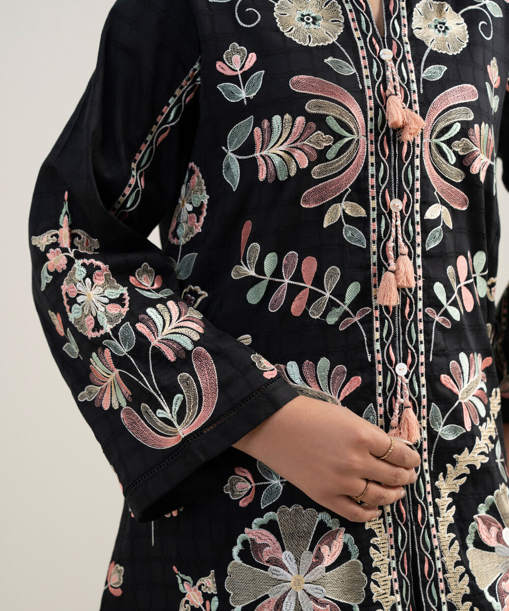 Women's RTW Dobby Embroidered Black Straight Shirt