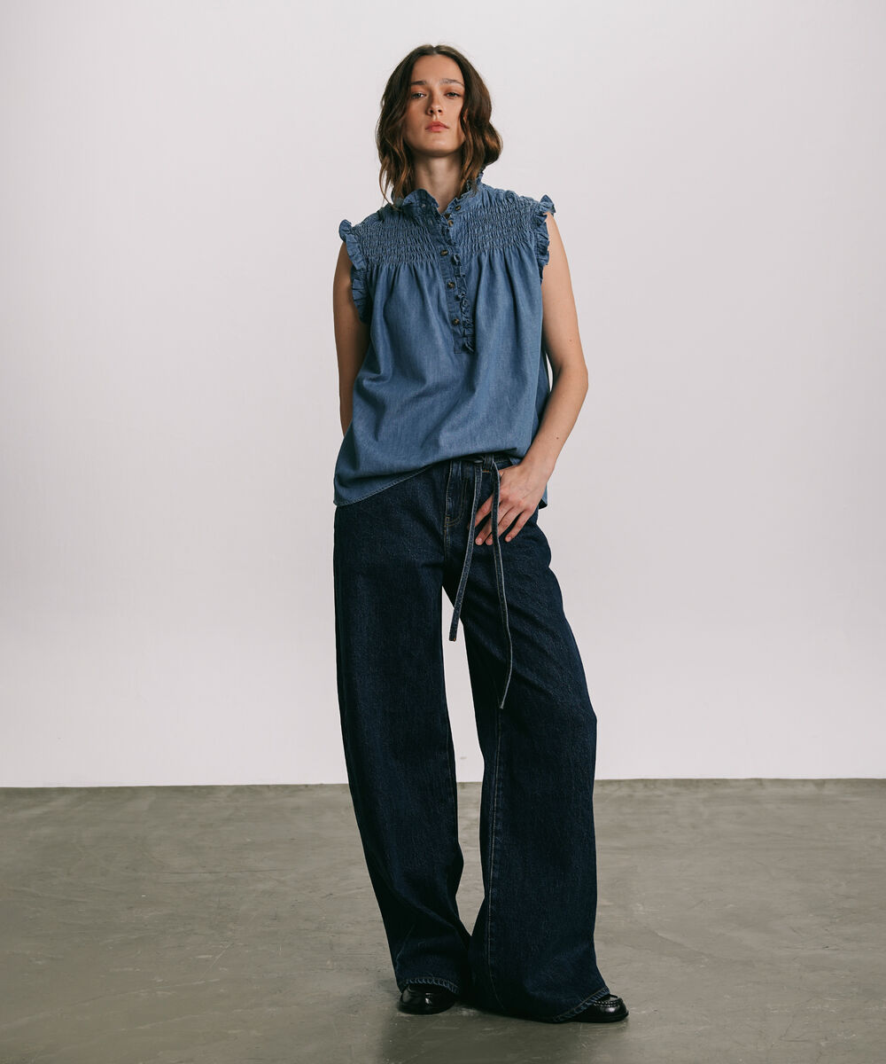 Women's Western Wear Blue Denim Frill Blouse