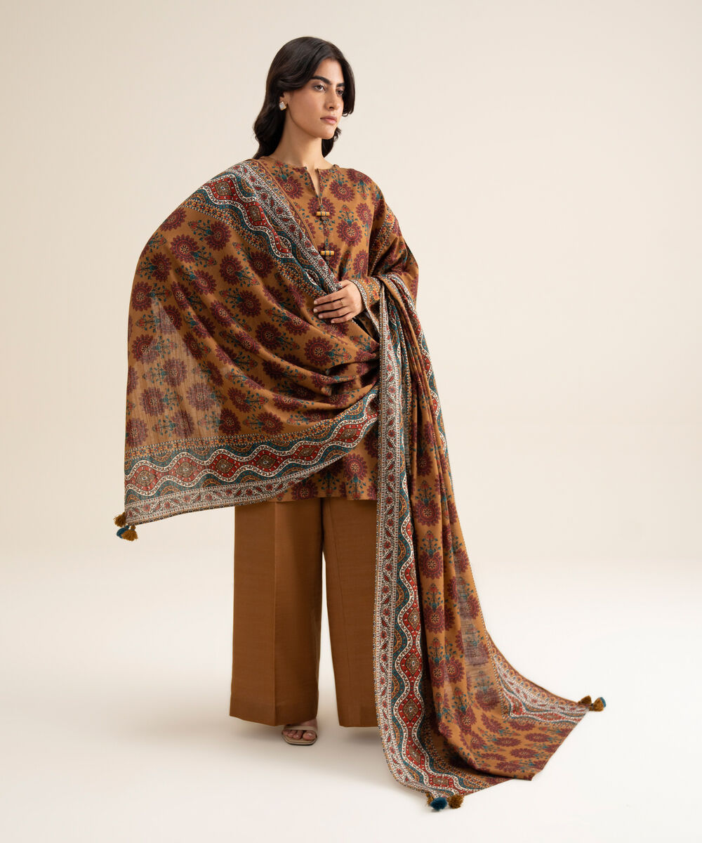 Women's Unstitched Light Khaddar Printed Burnt Orange 3 Piece Suit