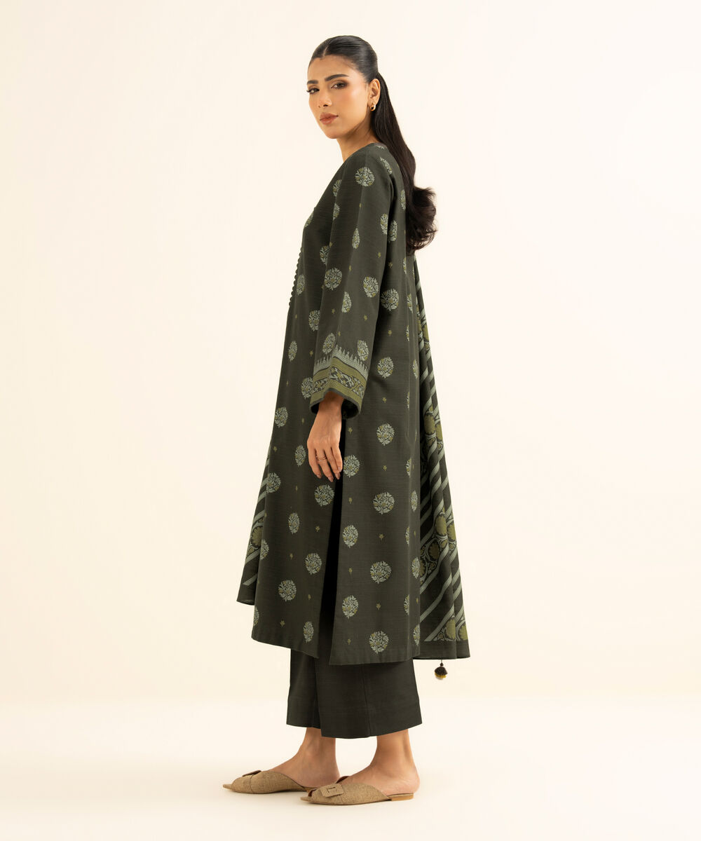 Women's Unstitched Cotton Printed Brown 3 Piece Suit