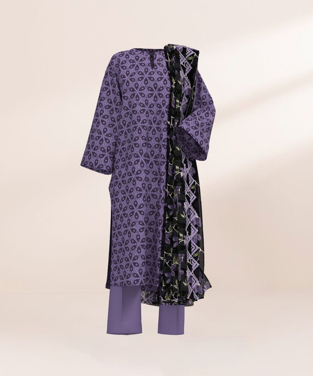 Women's Three Piece Printed Mauve Lawn Suit