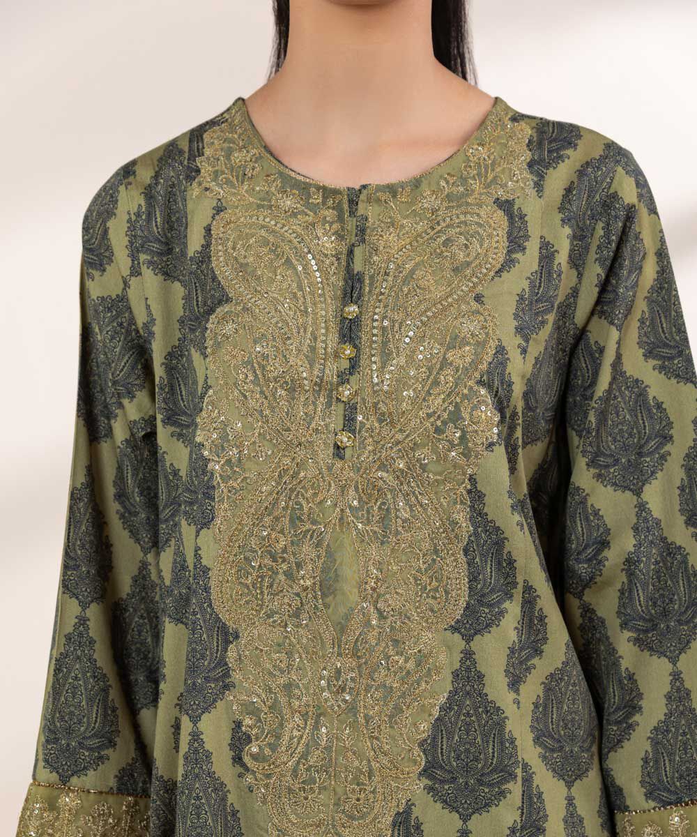 Women's RTW Cotton Satin Green Embroidered A-Line Shirt