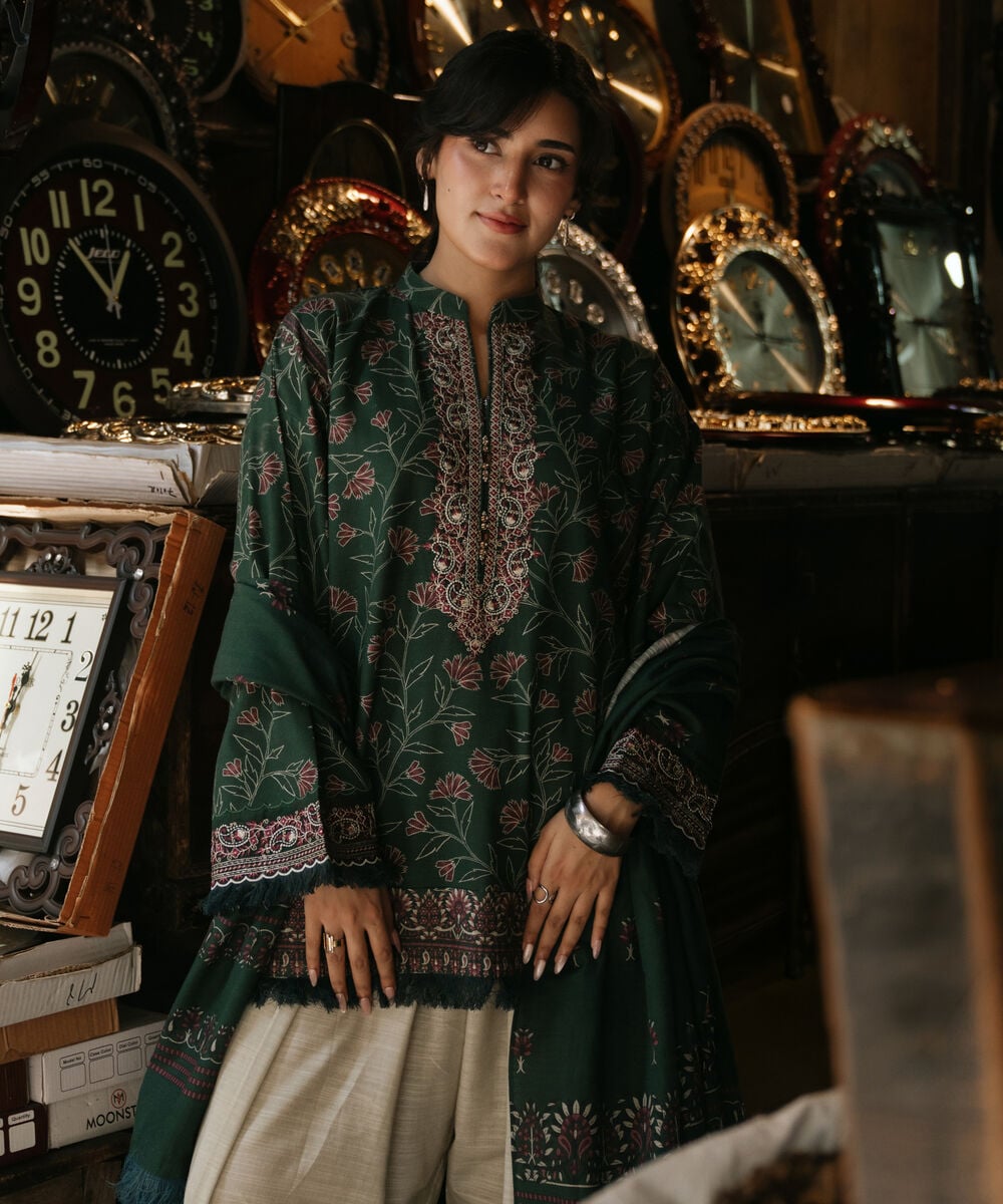 Women's Unstitched Premium Khaddar Embroidered Green 3 Piece Suit