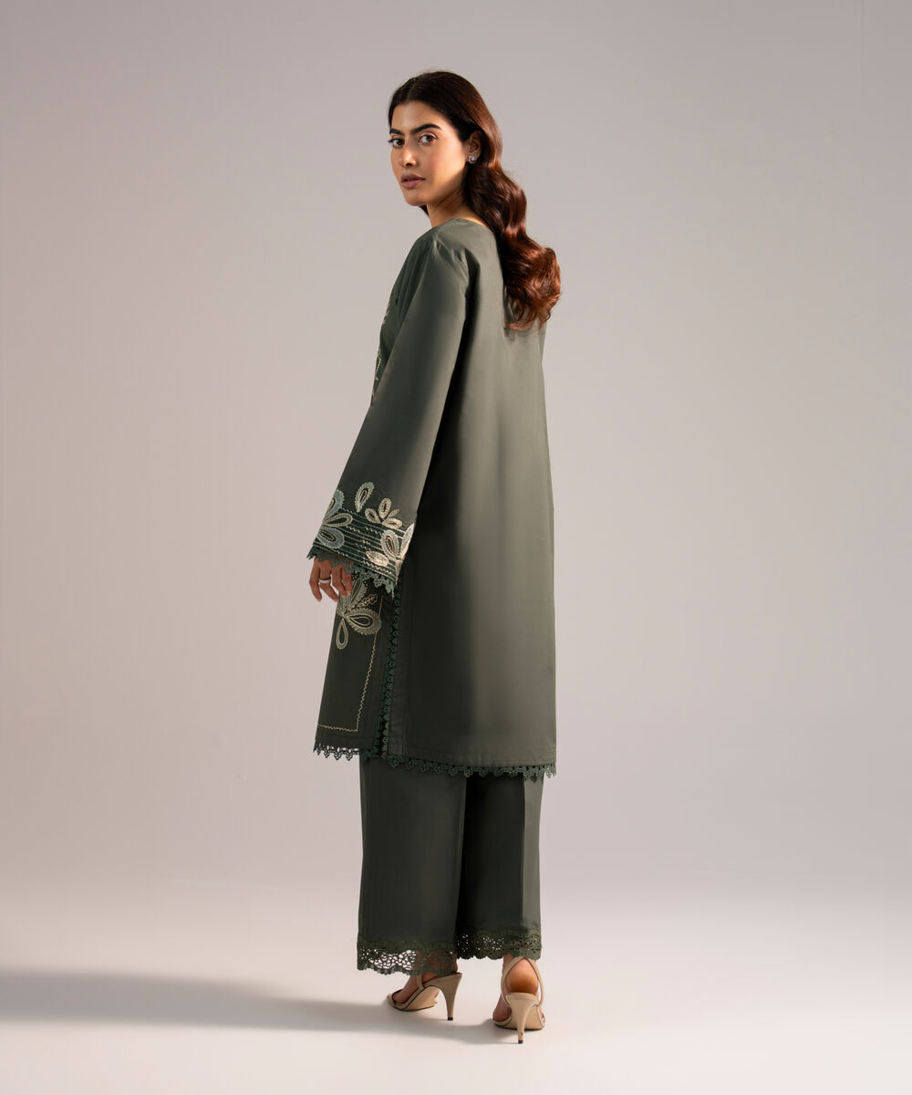 Women's RTW Cambric Embroidered Dark Green A-Line Shirt
