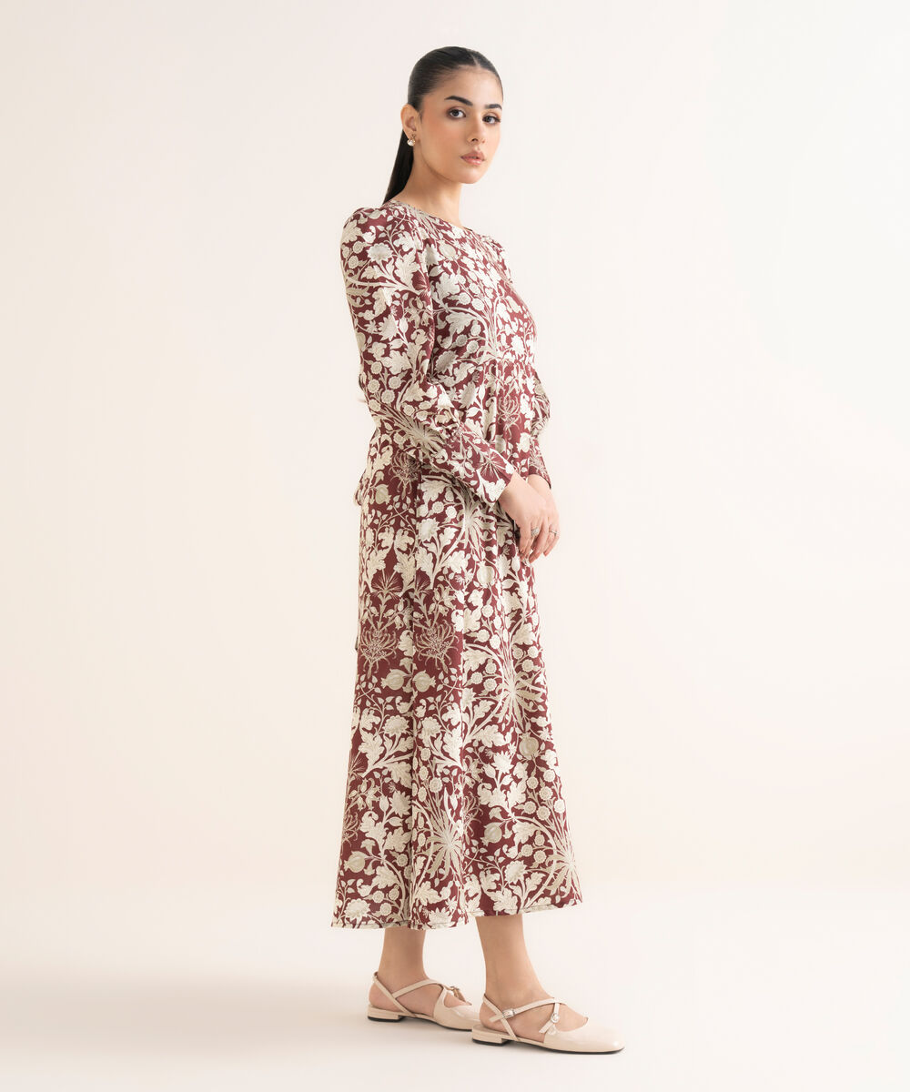 Women's RTW Cambric Printed Maroon Dress