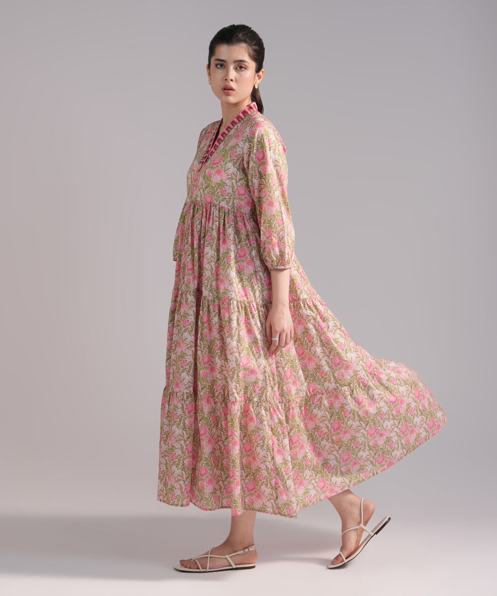 Women's RTW Slub Lawn Printed Pink Dress Shirt