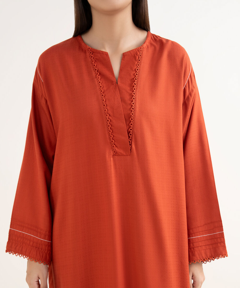 Women's RTW Textured Arabic Orange Solid Drop Shoulder Shirt