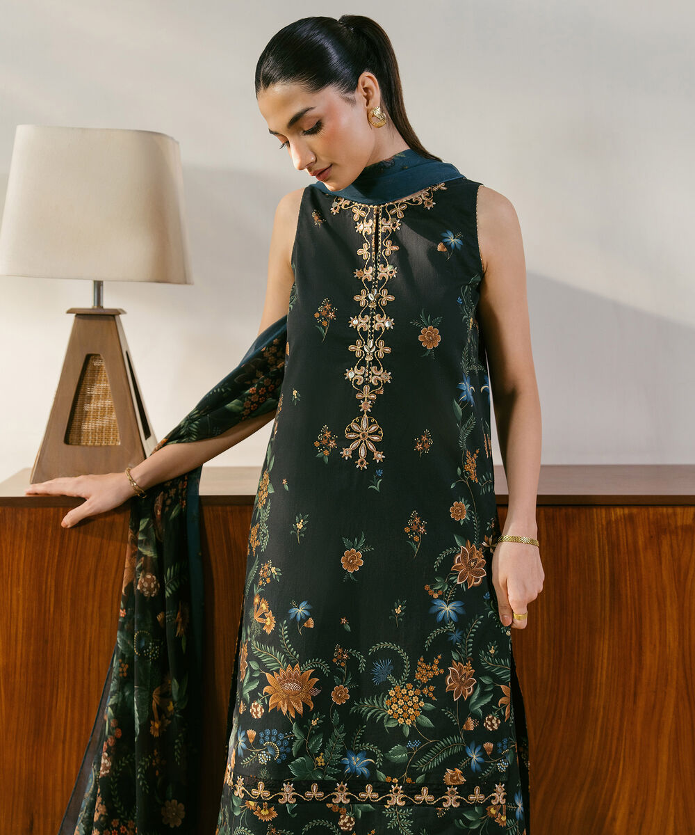 Women's Unstitched Cotton Embroidered Black