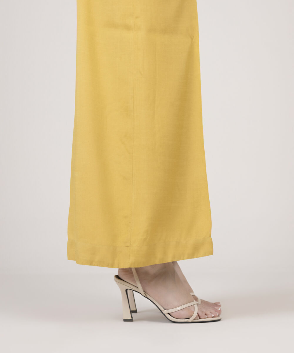 Women's RTW Viscose Raw Silk Solid Yellow Flared Pants