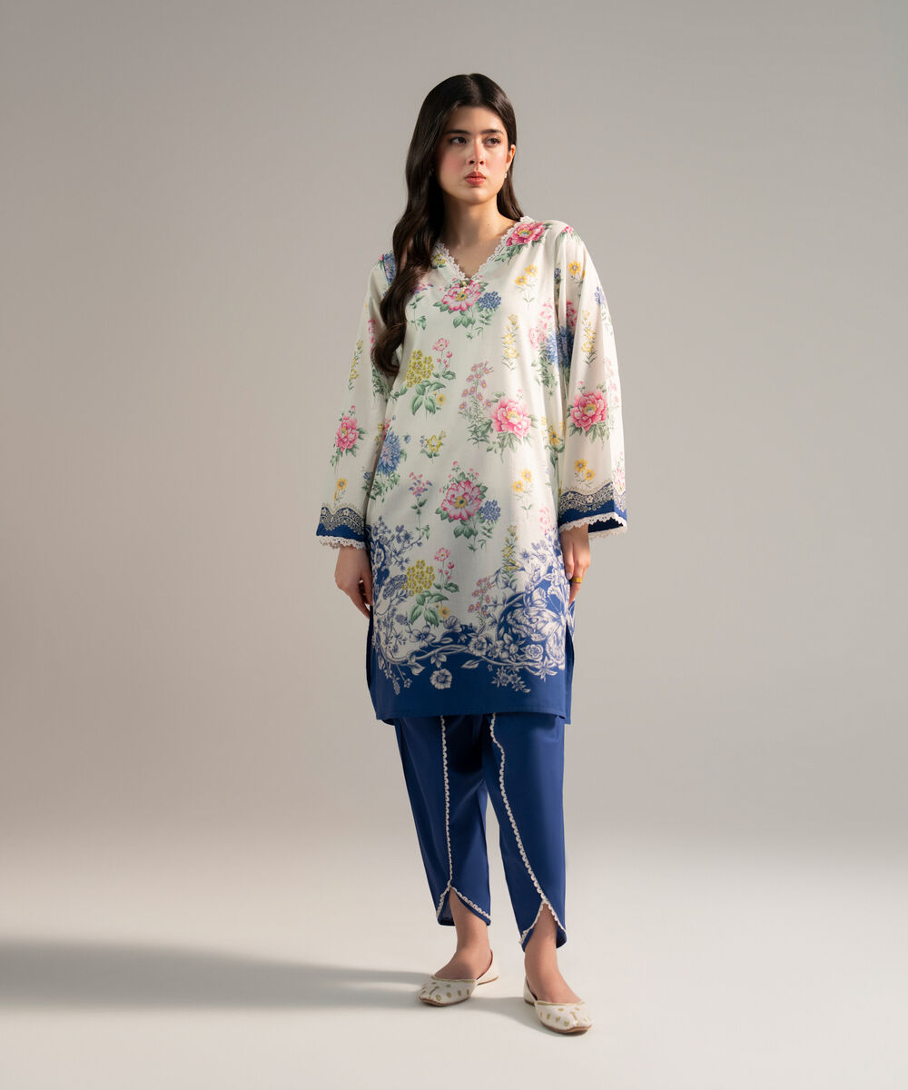 Women's RTW Lawn Printed White 2 Piece Suit