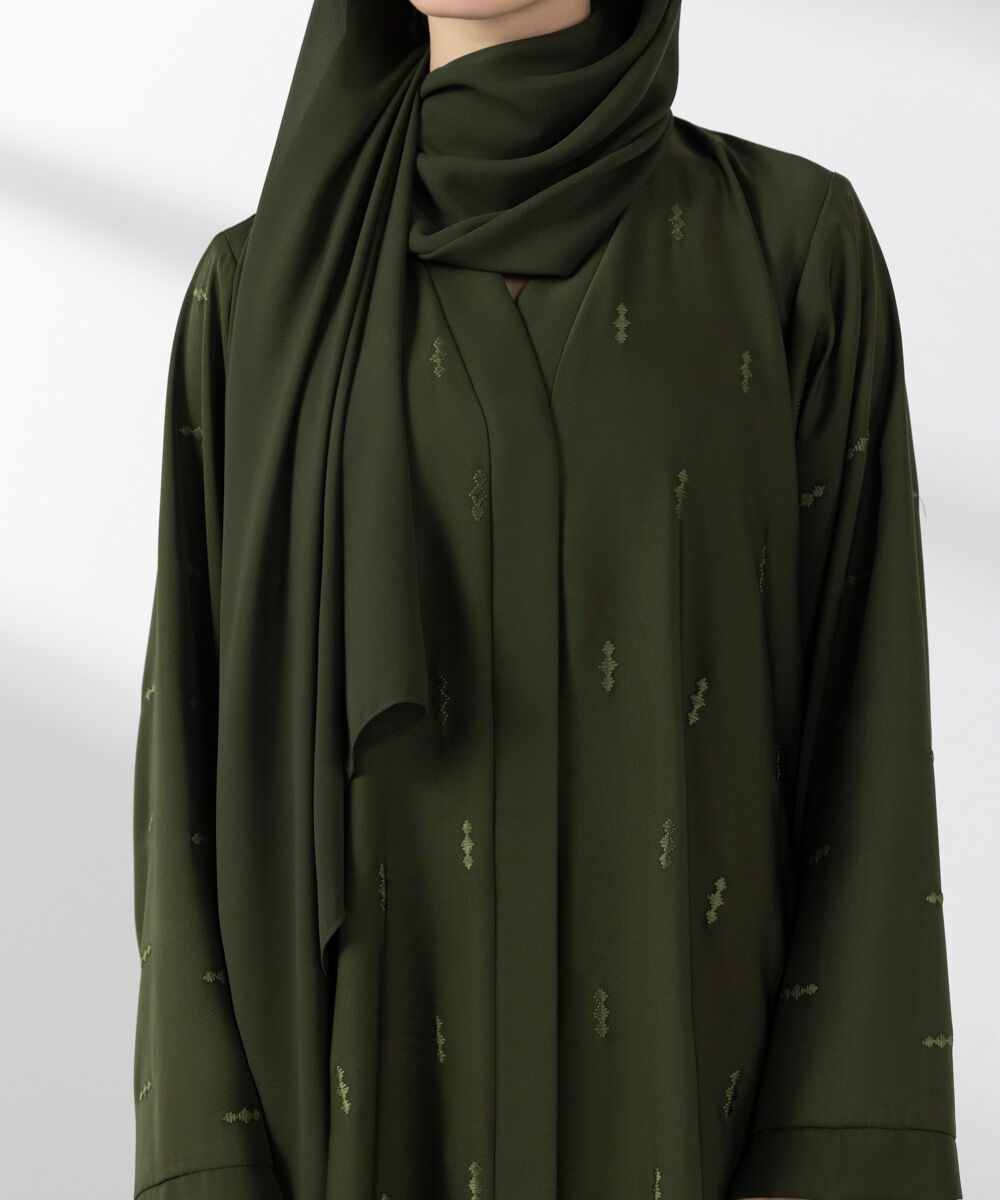Woman - Green Embroidered Button Through Abaya Set