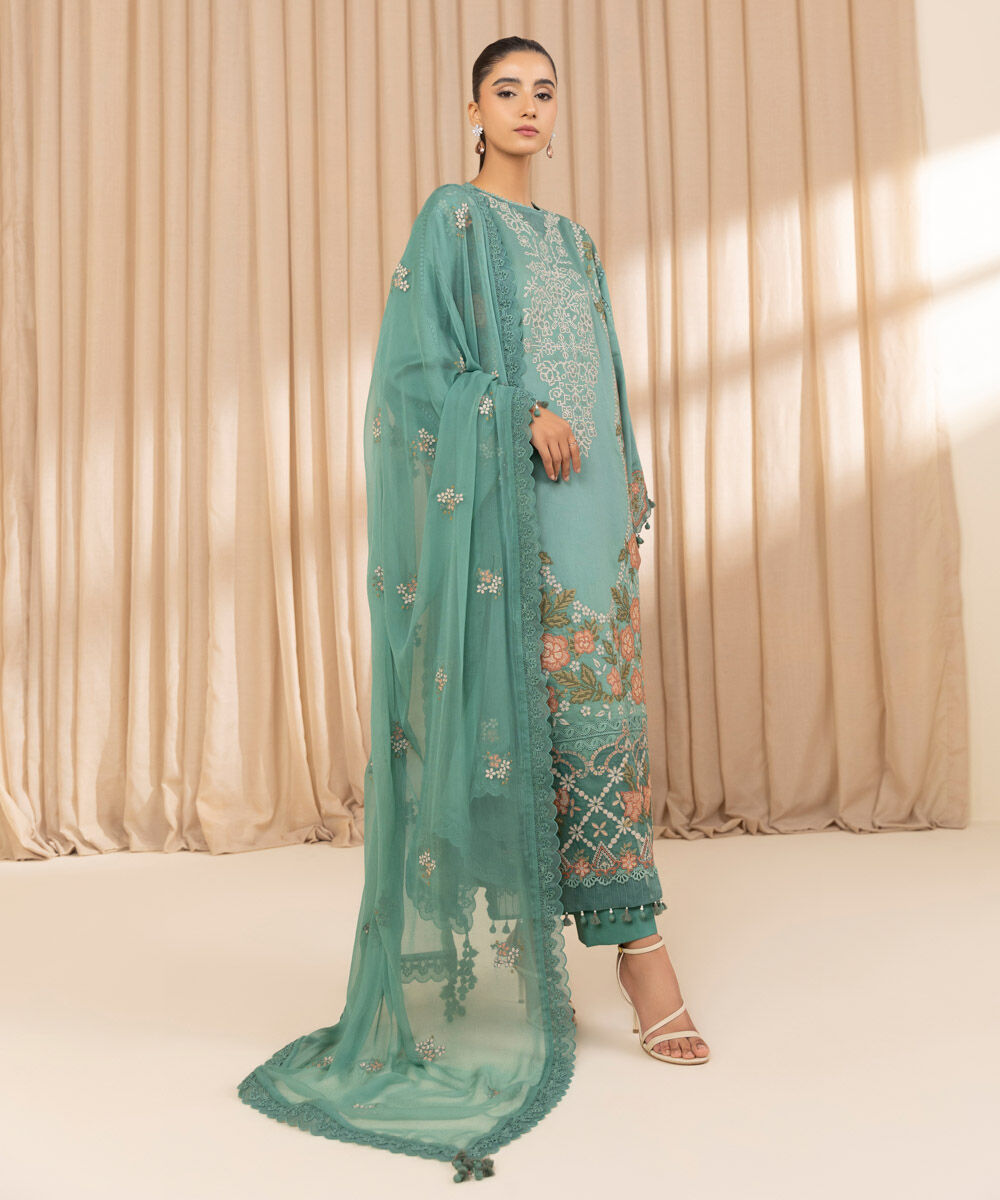 Unstitched Women's Embroidered Fine Cotton Satin Green Three Piece Suit