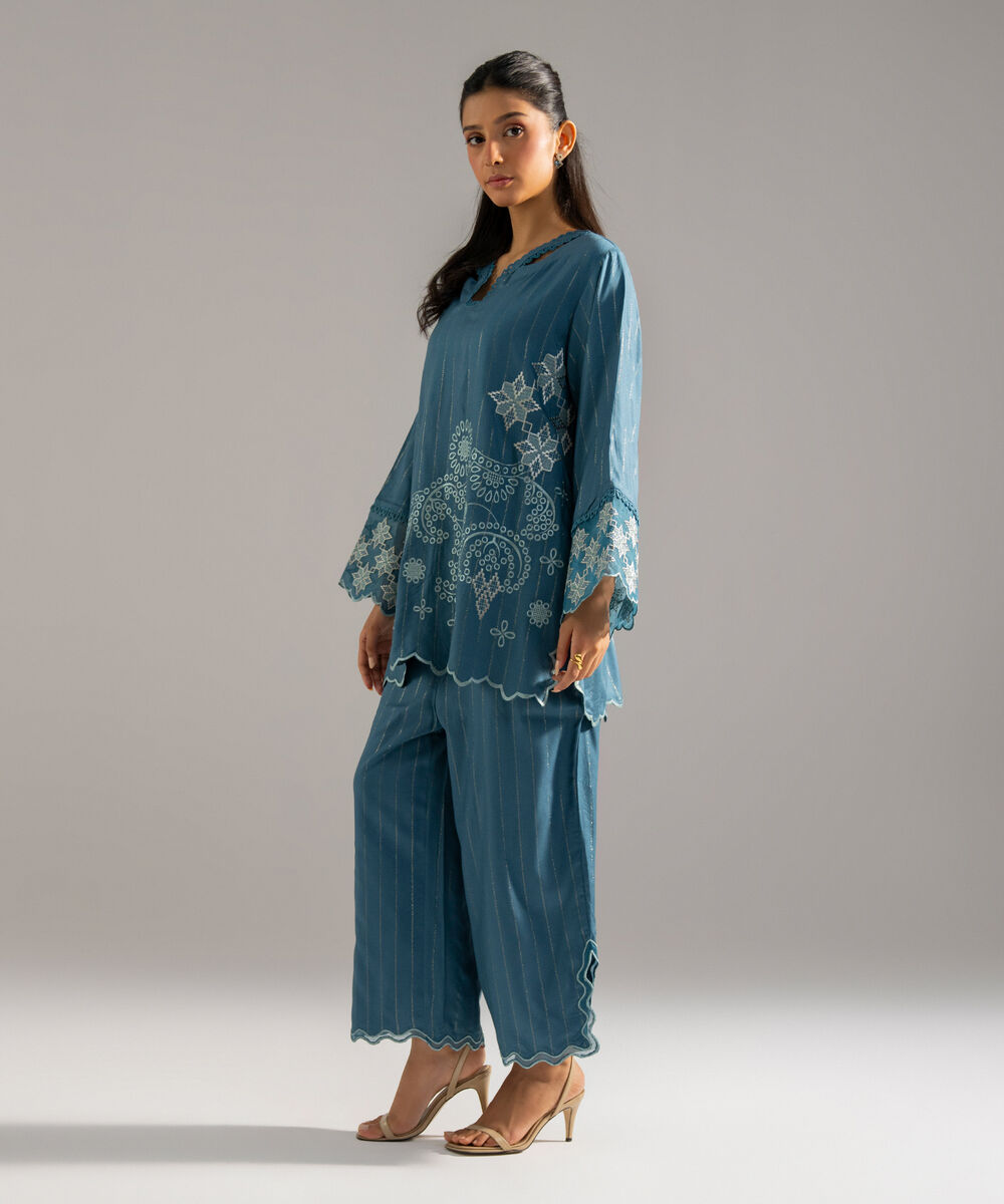 Women's RTW Dobby Crepe Lurix Solid Embroidered Teal Straight Shirt