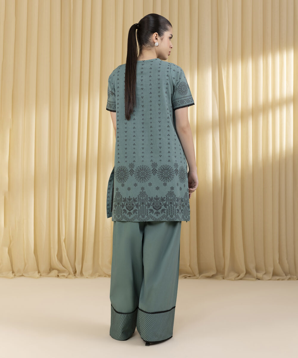 Unstitched Women's Green Extra Weft Jacquard Shirt Trousers