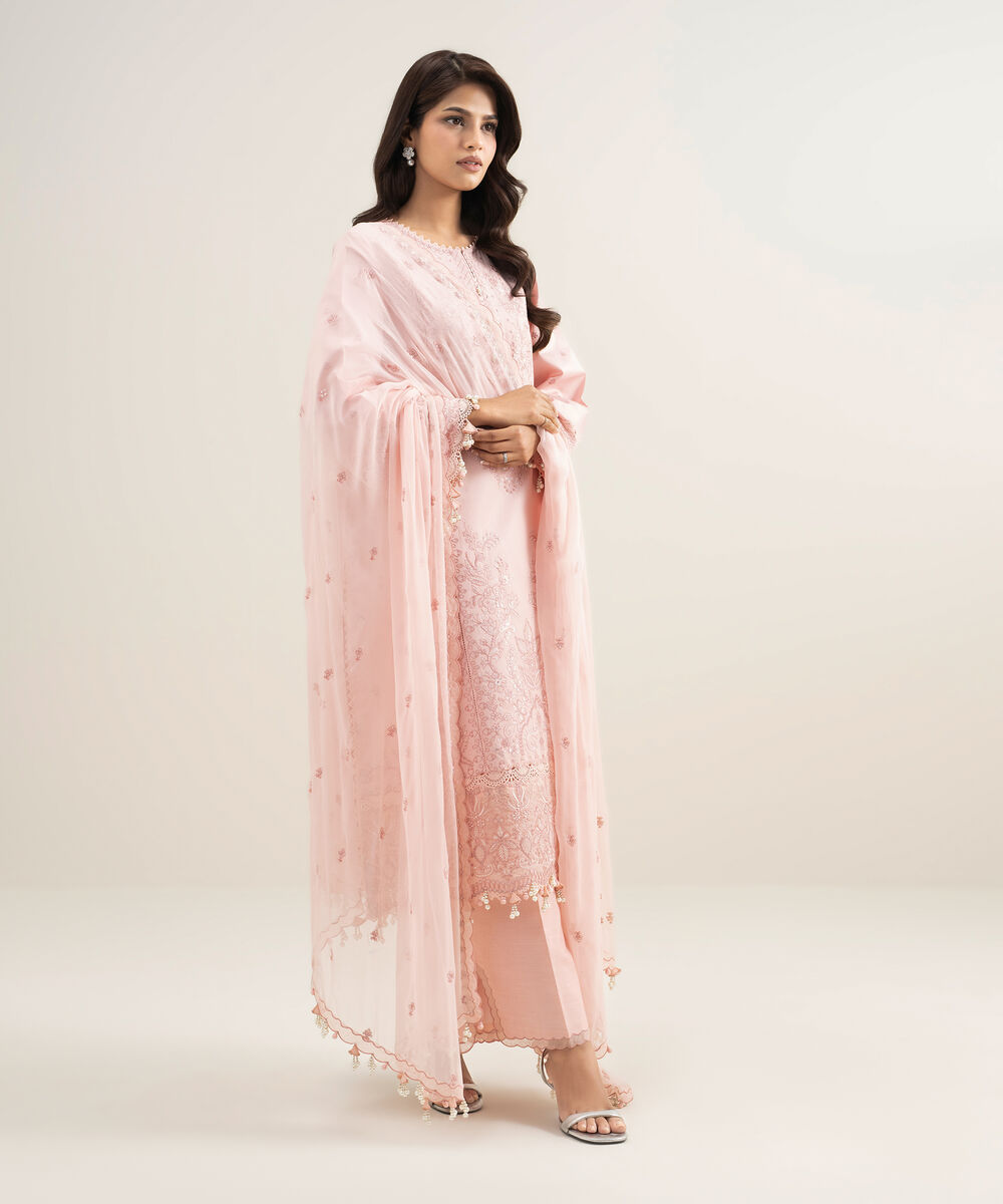 Women's Unstitched Cotton Net Embroidered Pink 3 Piece Suit