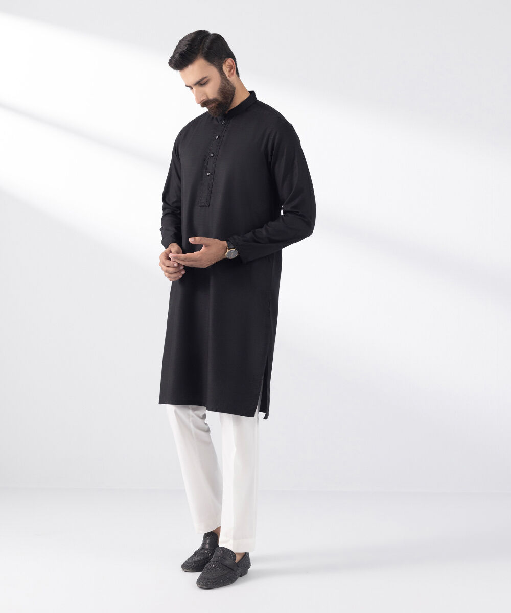 Men's Stitched Kurta Black Embroidered Jacquard Kurta