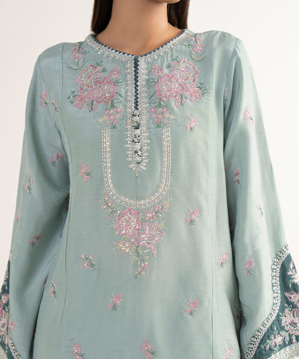 Women's RTW Raw Silk Green Embroidered 3 Piece Suit