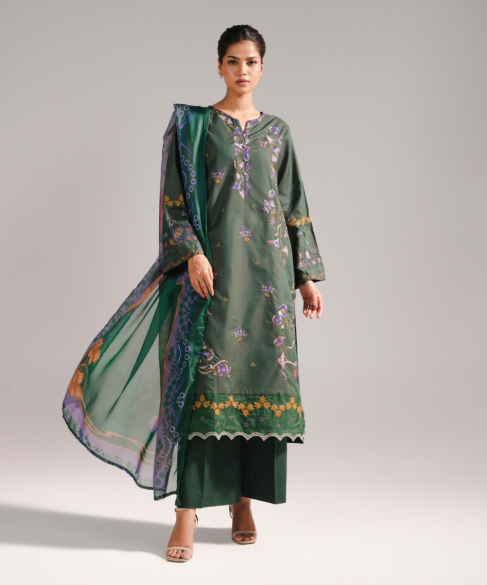 Women's RTW Zari Lawn Embroidered Dark Green 3 Piece Suit