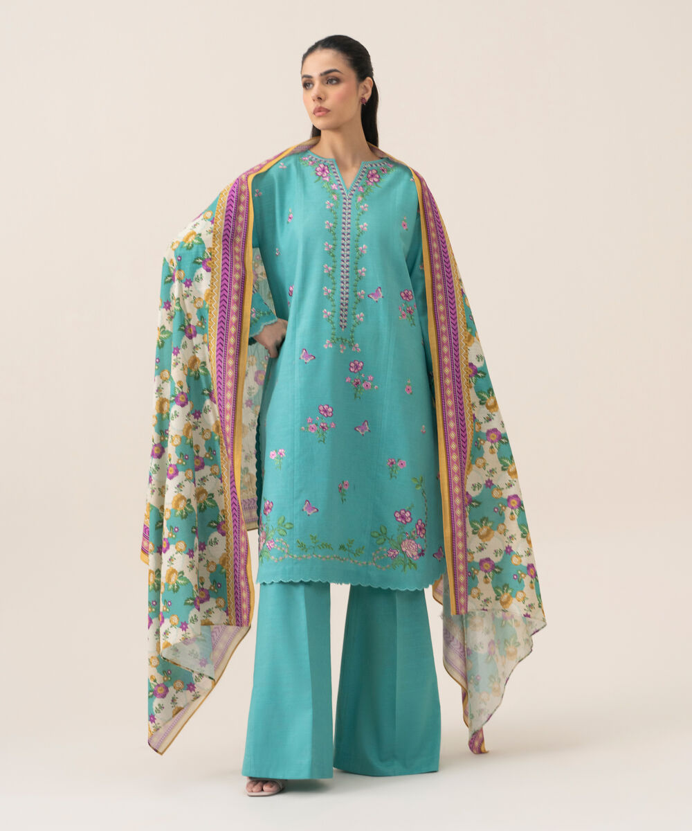 Women's Unstitched Lawn Embroidered Turquoise 3 Piece Suit