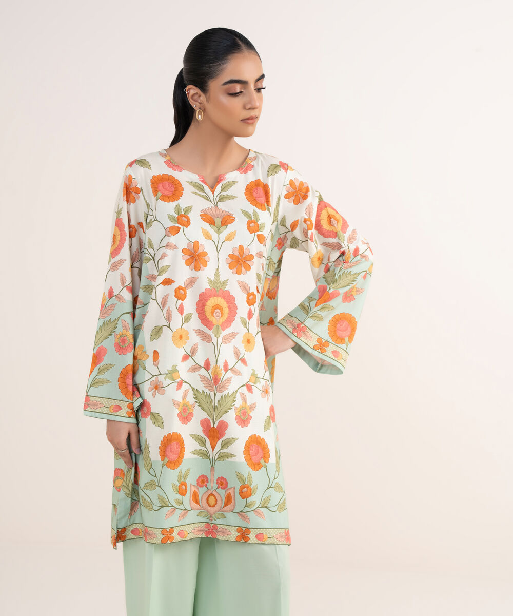 Women's RTW Lawn Viscose Off White Printed A-Line Shirt