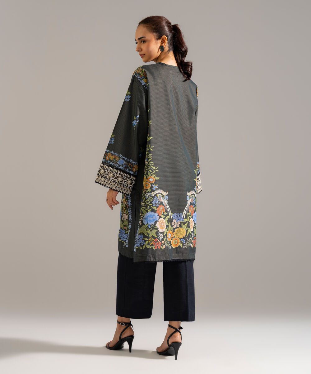 Women's RTW Zari Lawn Embroidered Black Drop Shoulder Shirt