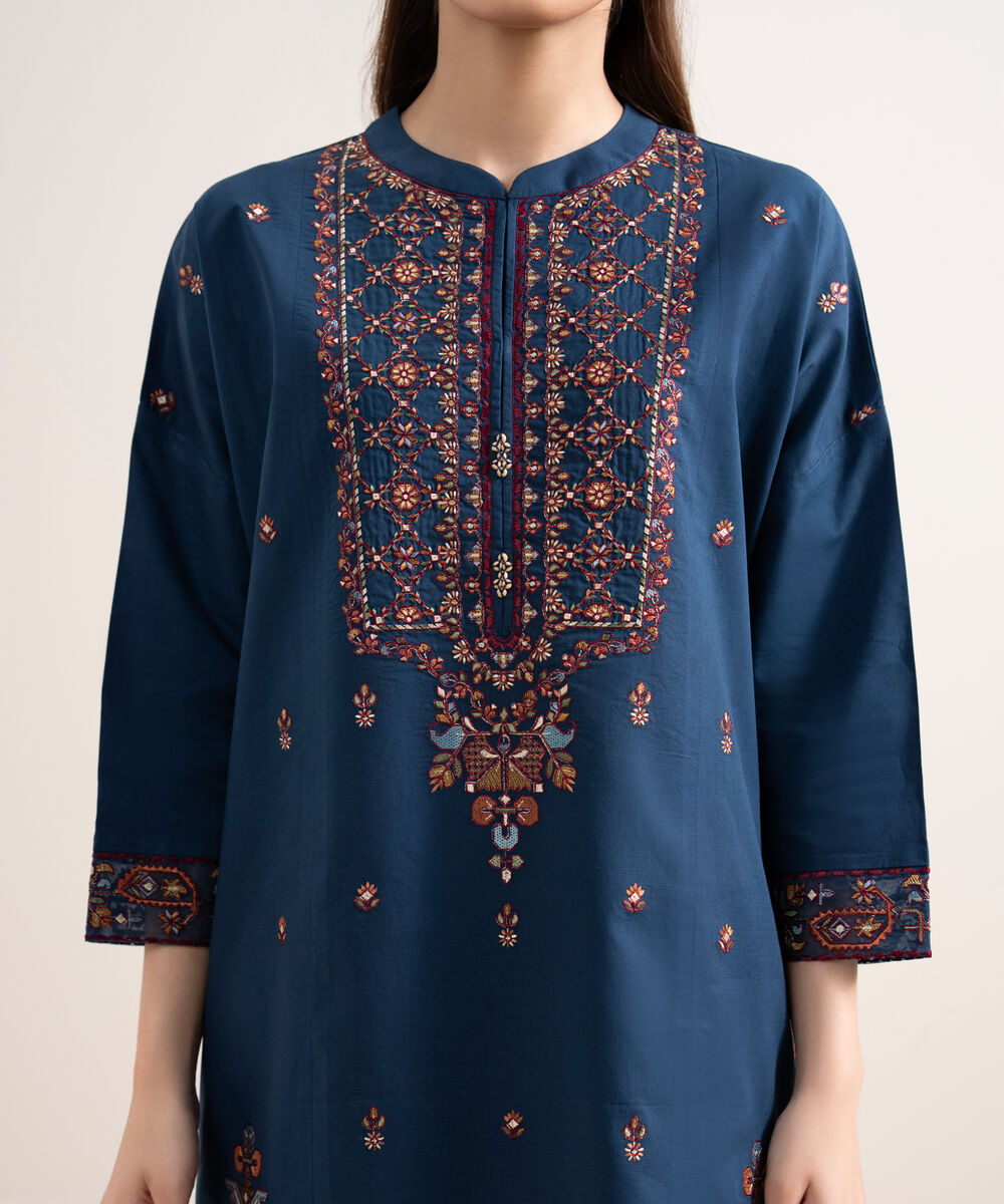 Women's Unstitched Textured Lawn Embroidered Blue 3 Piece Suit