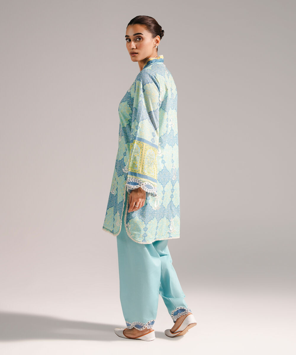 Women's RTW Slub Lawn Embroidered Straight Blue Shirt