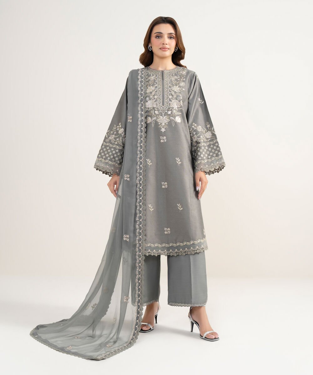 Women's Unstitched Cotton Net Embroidered Grey 3 Piece Suit