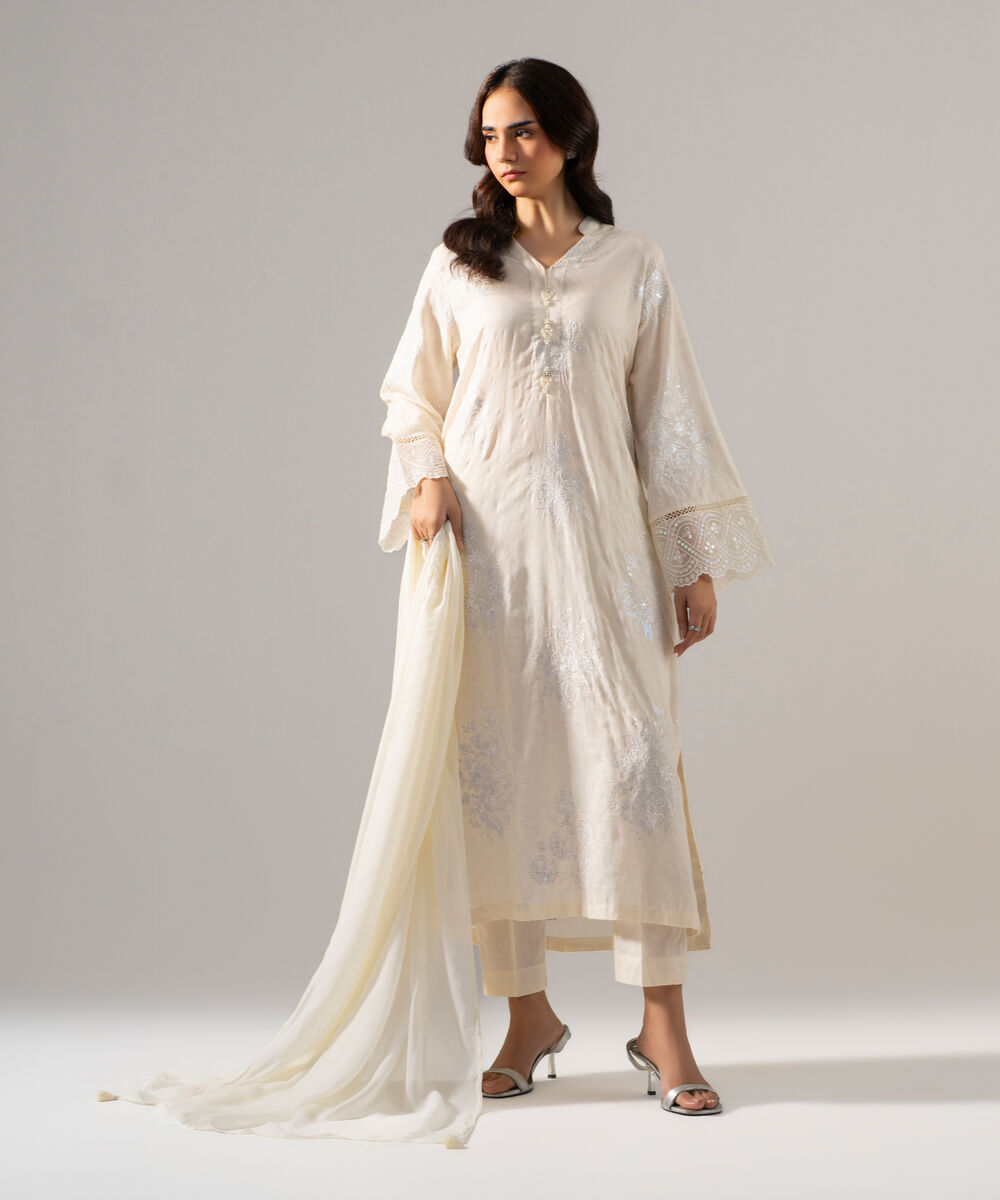 Women's RTW BEmbroidereder Georgette Chiffon Solid Off White Dupatta
