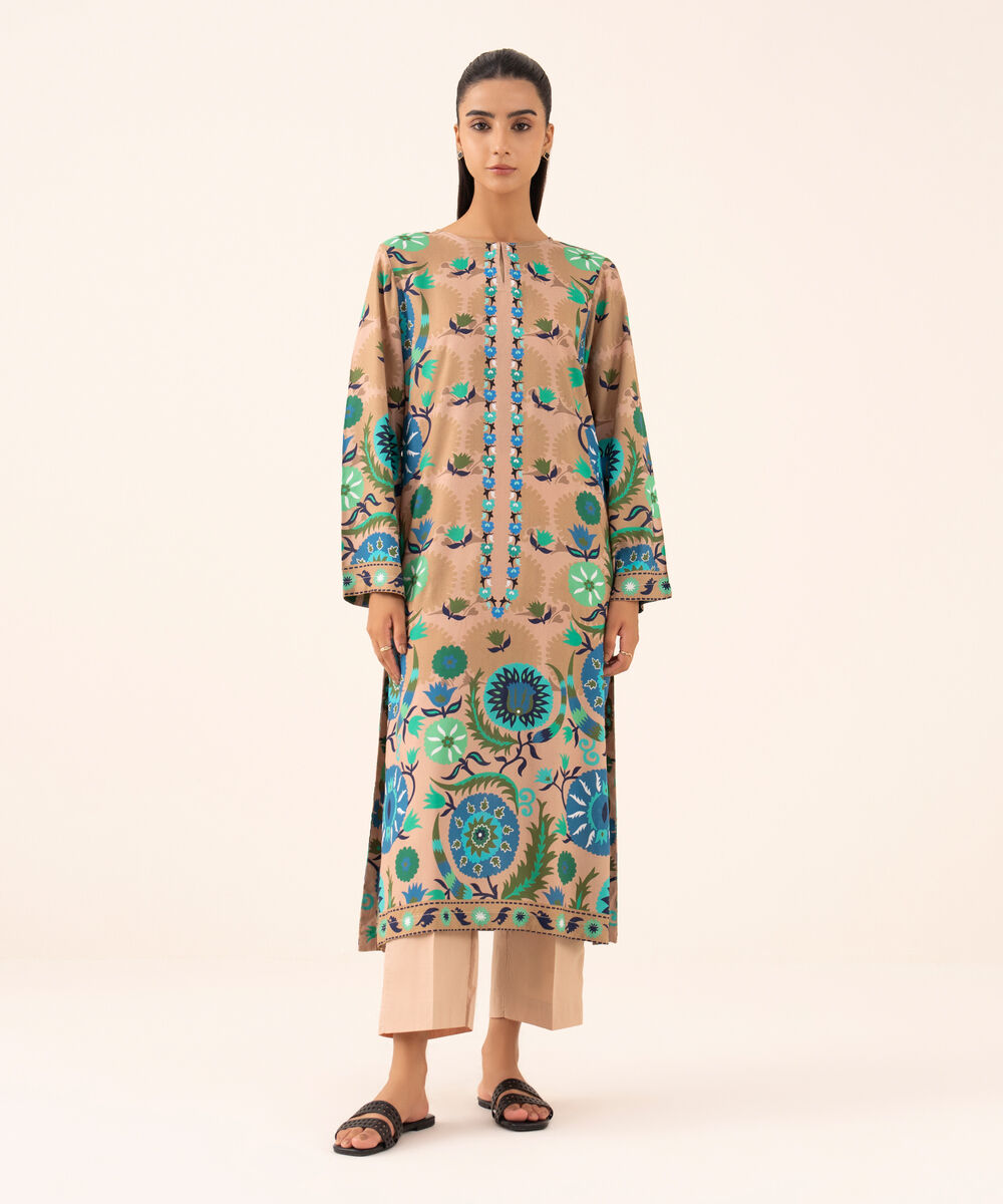 Women's RTW Arabic Lawn Peach Printed Drop Shoulder Shirt