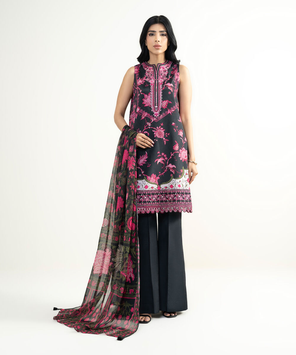 Women's Unstitched Blended Grip Silk Embroidered Black and Pink 3 Piece Suit