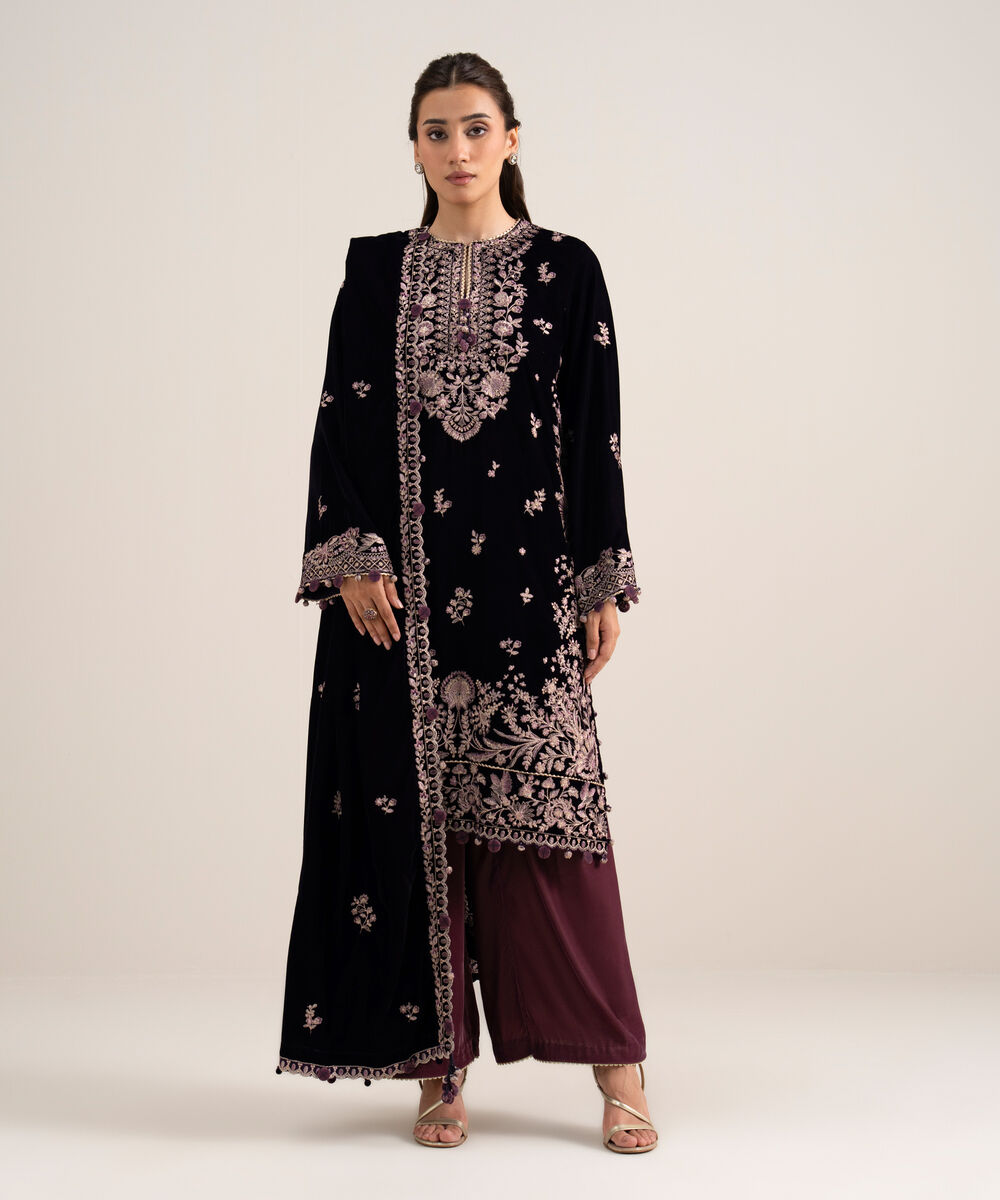 Women's Unstitched Embroidered Velvet Purple 3 Piece Suit