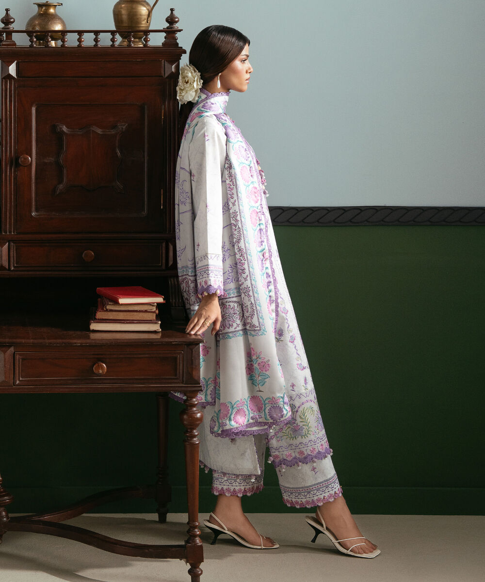 Women's Unstitched Lawn Embroidered Purple 3 Piece Suit