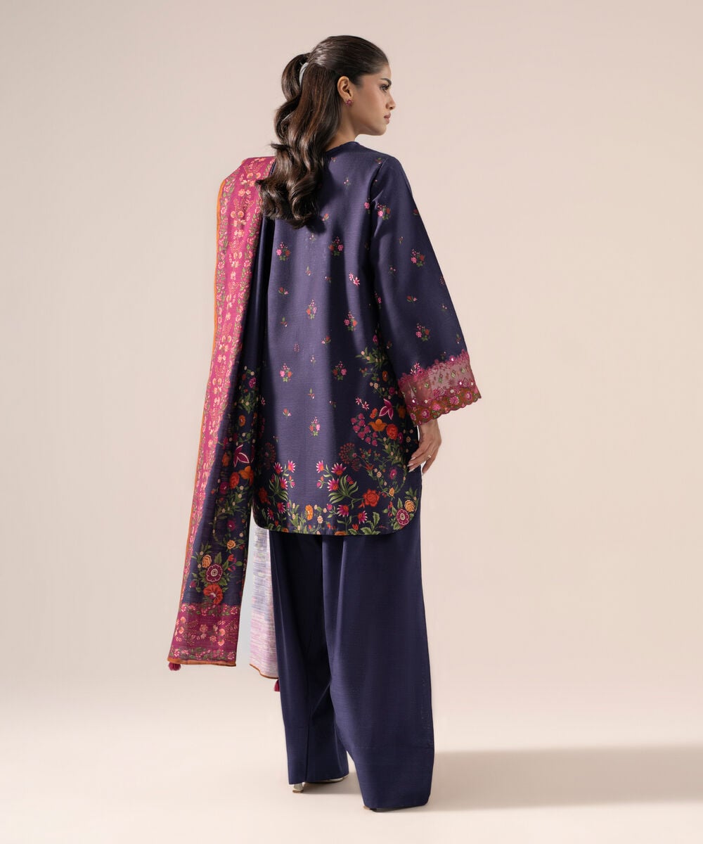 Women's Unstitched Premium Khaddar Embroidered Plum 3 Piece Suit