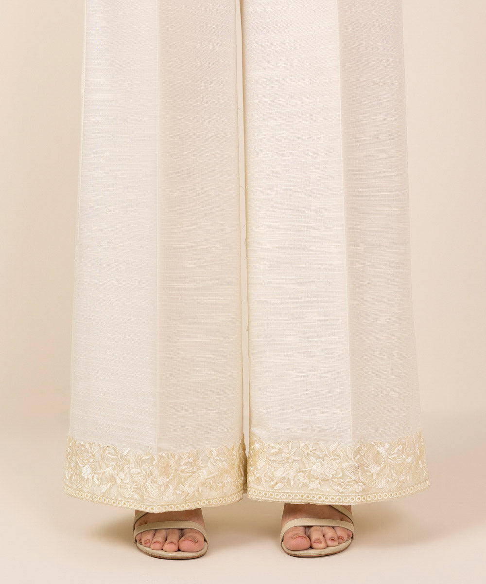 Woman - Off White Embroidered Khaddar Flared Pants
