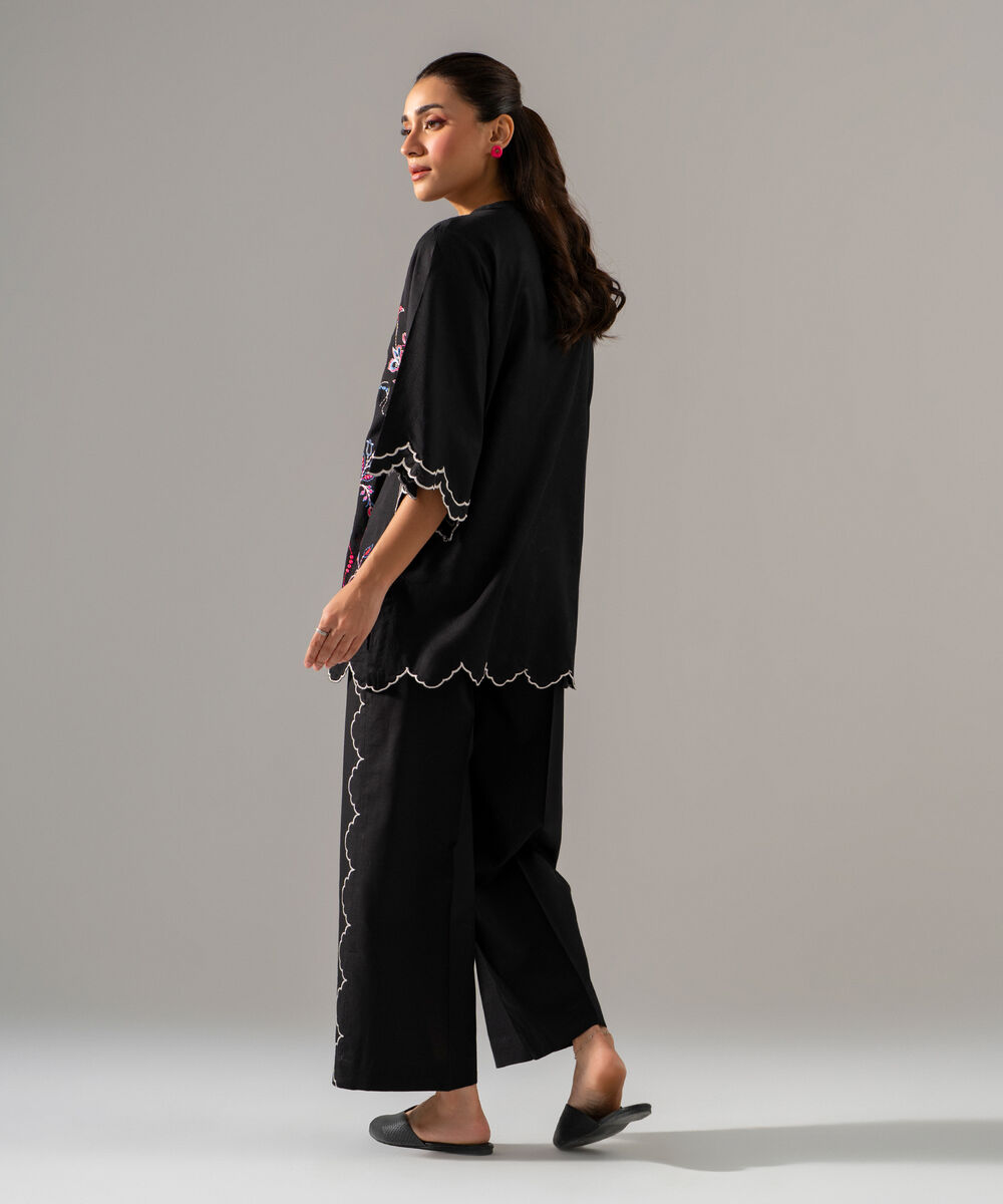 Women's RTW Dobby Solid Embroidered Black 2 Piece Suit