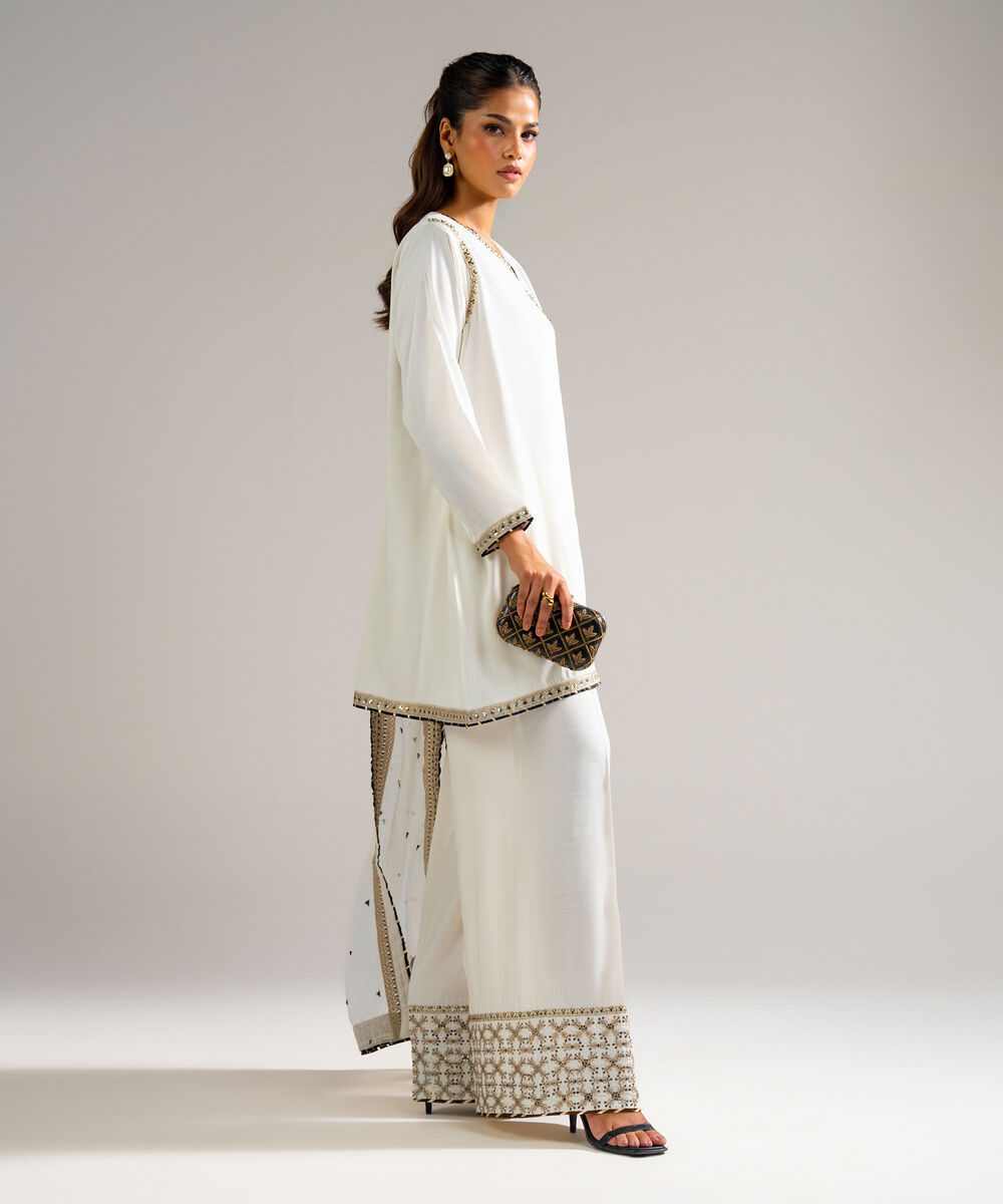 Women's RTW Raw Silk Embroidered White 3 Piece Suit