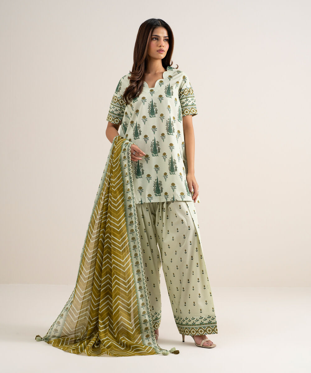 Women's Unstitched Lawn Printed Off White 3 Piece Suit
