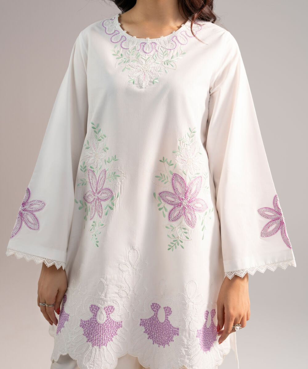 Women's RTW Cambric Embroidered White 2 Piece Suit
