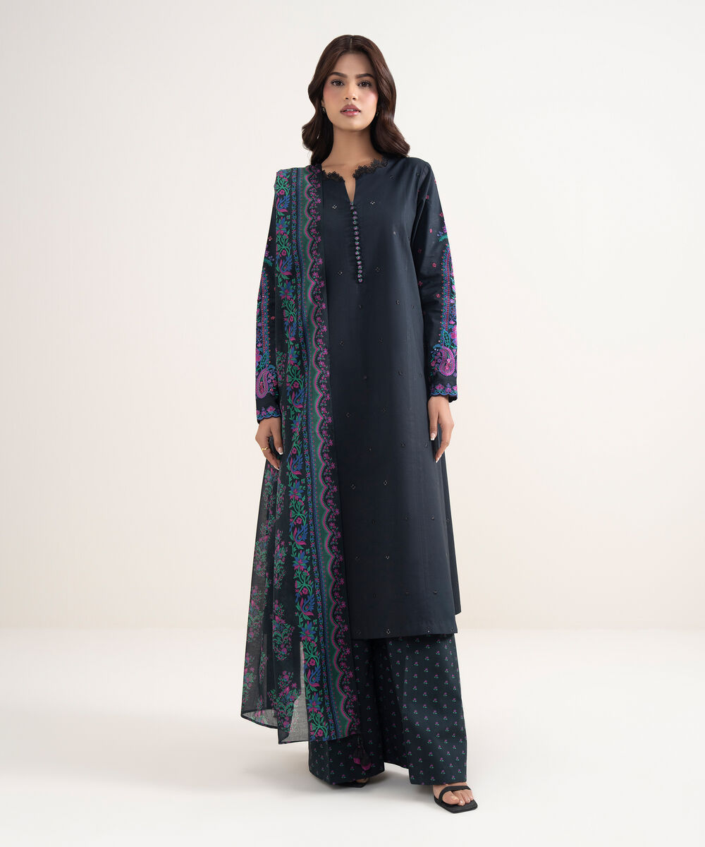 Women's Unstitched Textured Lawn Black Embroidered 3 Piece Suit