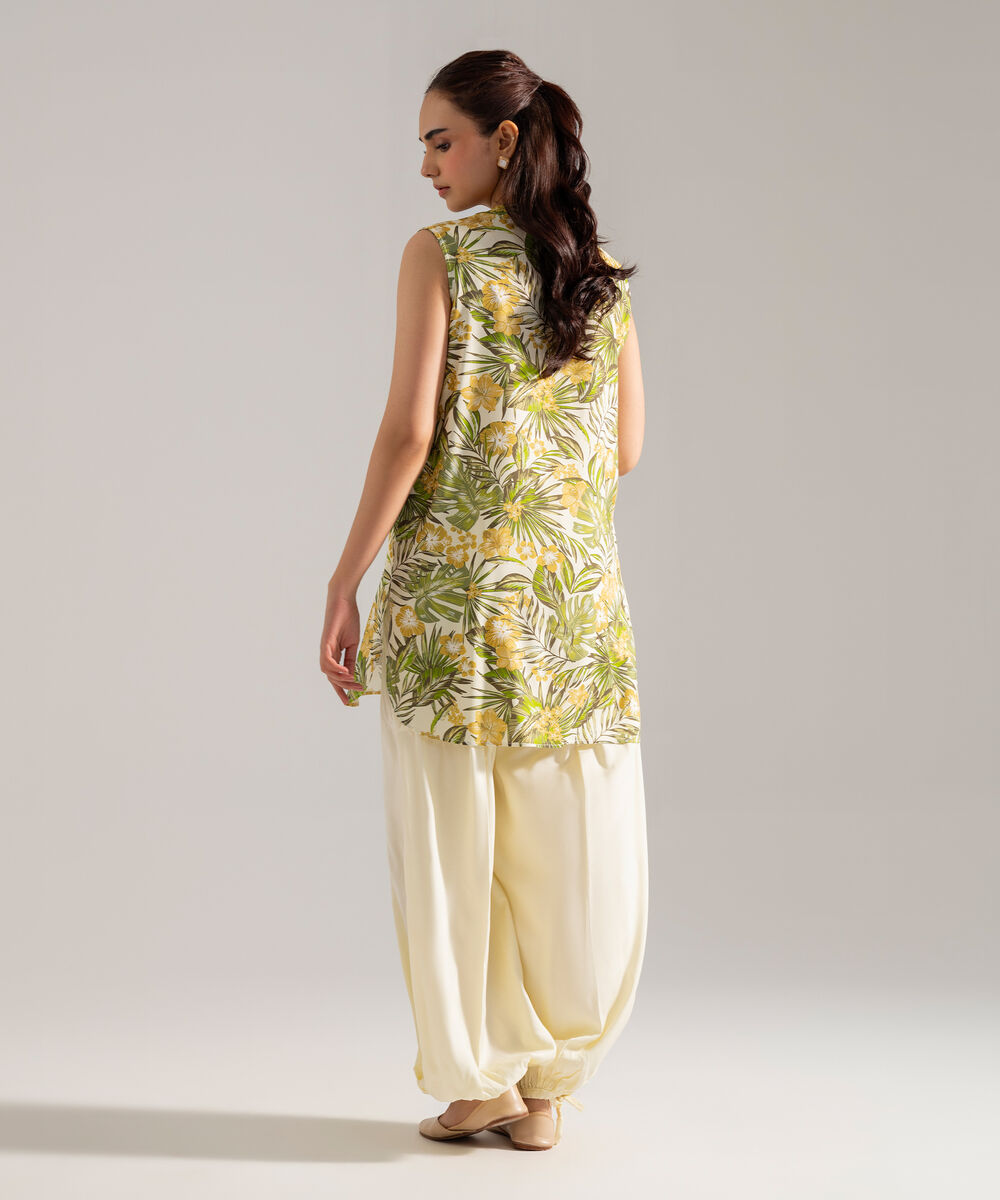 Women's RTW Printed Green Viscose Linen 2 Piece Suit