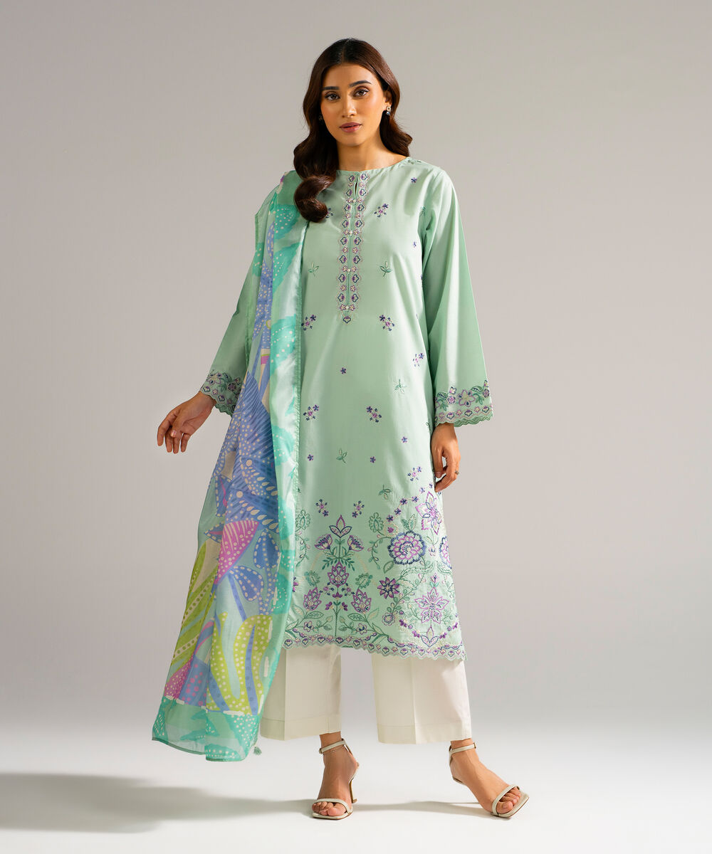 Women's RTW Lawn Embroidered Green 2 Piece Suit