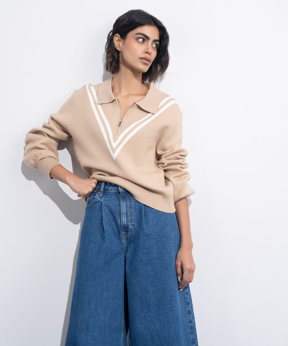 Women's Western Wear Beige Striped Polo Knit Sweater