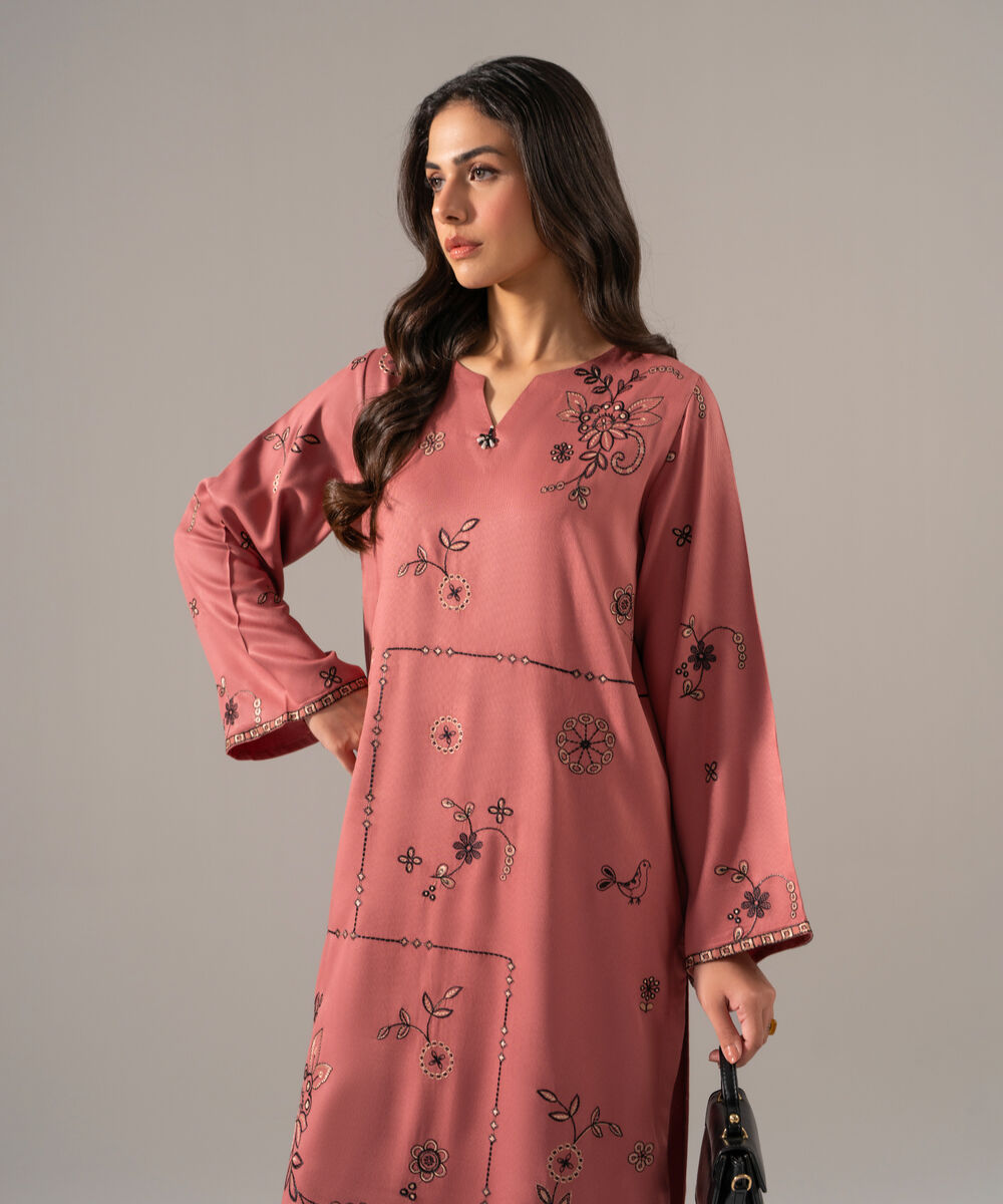 Women's RTW Bedford Solid Embroidered Mauve Straight Shirt