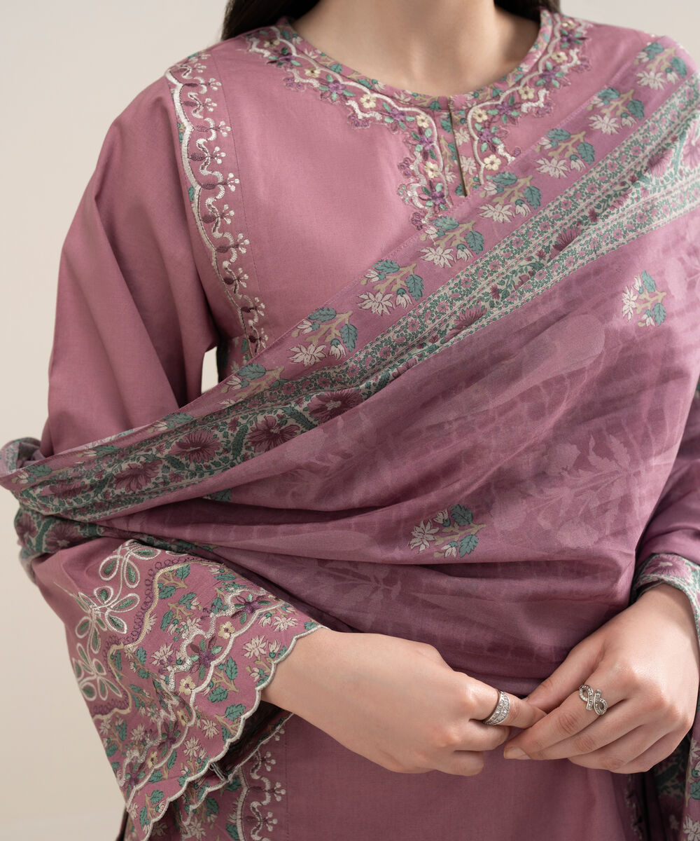 Women's Unstitched Textured Lawn Embroidered Pink 3 Piece Suit