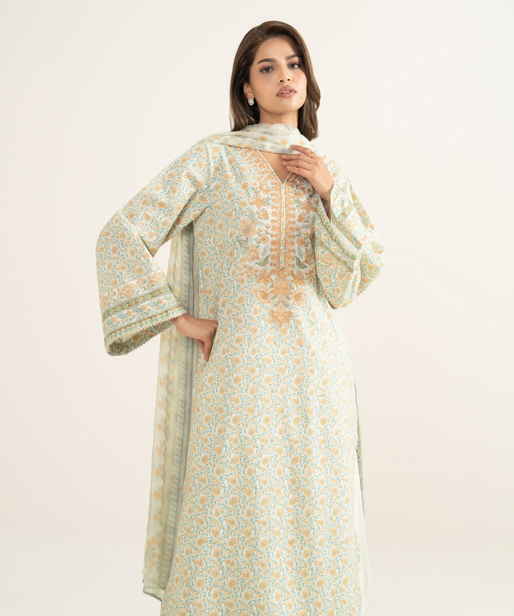 Women's Unstitched Lawn Embroidered Off White 3 Piece Suit