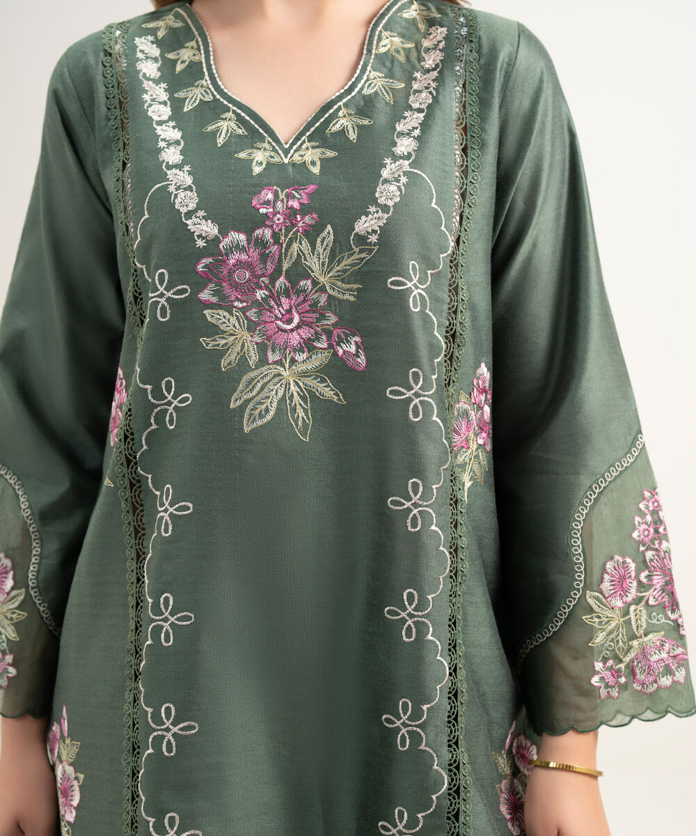 Women's RTW Silk Cotton Net Embroidered Dark Green 2 Piece Suit