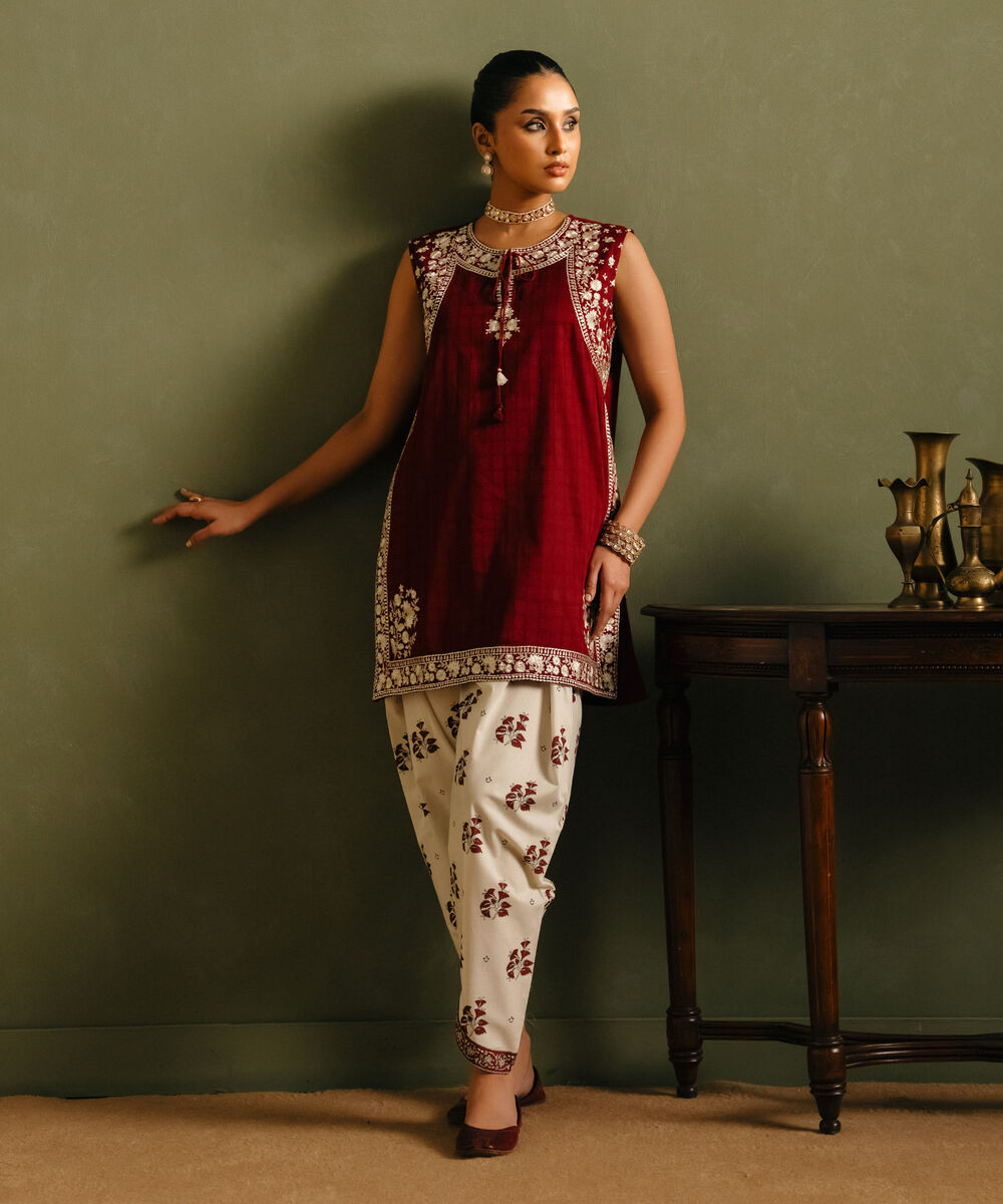 Women's RTW Cotton Embroidered Red Straight Shirt