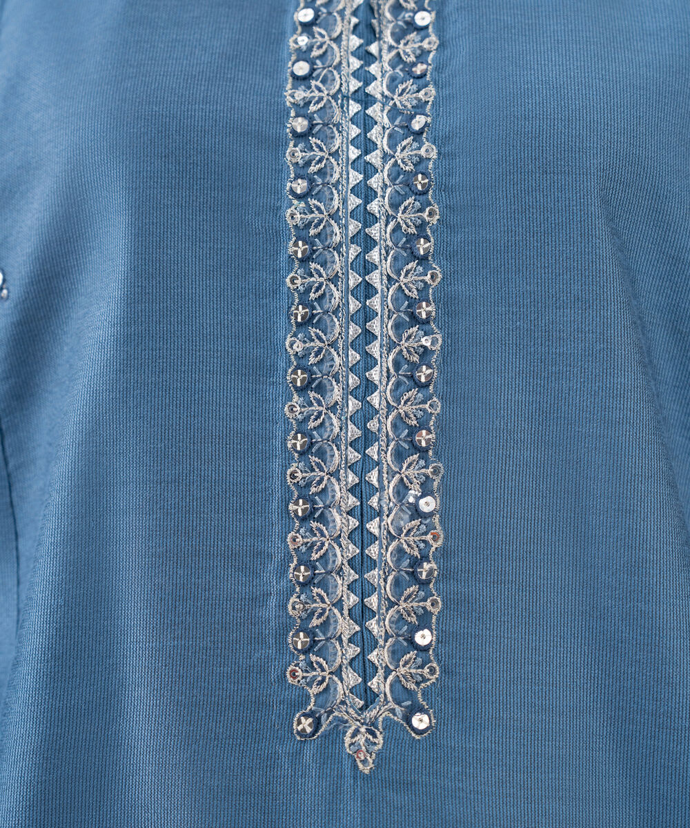 Women's RTW Blended Silk Cotton Net Embroidered Blue Three Piece Suit